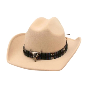 Ethnic style beige felt cowboy hat with woven band and silver bull skull ornament