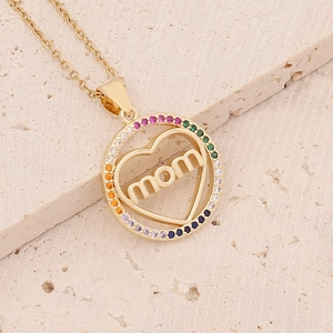 18K gold plated heart necklace with rainbow crystals and MOM engraving on stone