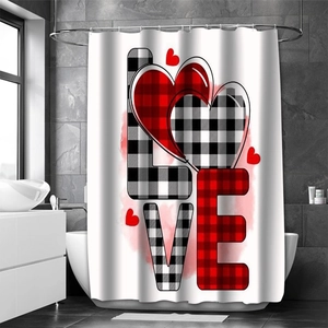 Detail of waterproof polyester shower curtain featuring red heart and plaid LOVE pattern