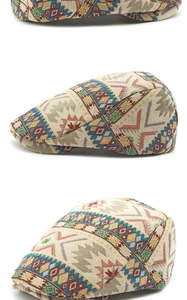 Close-up of bohemian jacquard fabric detail on a retro ethnic style flat cap