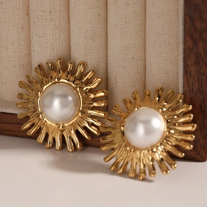 Elegant stainless steel sunflower stud earrings with large pearl center in gold finish