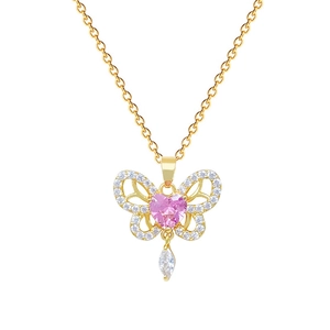 Gold butterfly necklace featuring a pink heart stone and hollow tassel pendant design