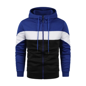 Men's tricolor patchwork zip-up hoodie in dark blue white and black casual style