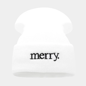 Minimalist white knitted beanie with black merry embroidery in a modern outdoor style