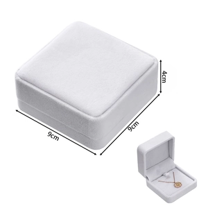 Detailed size view of square white velvet jewelry box measuring 9cm x 9cm x 4cm