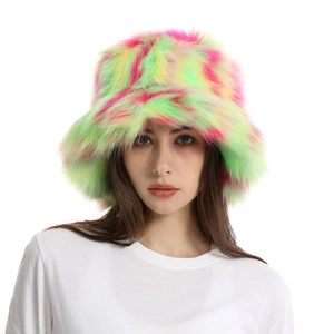 Colorful camouflage fuzzy bucket hat for women made of fluffy faux fur for winter warmth