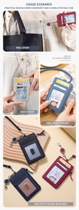 Detail of leather multi-functional ID card holder with retractable lanyard and zipper pocket