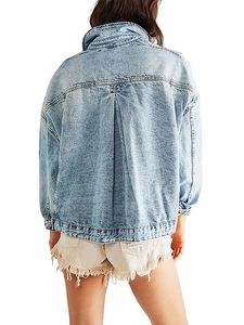 Light wash drop shoulder denim jacket for women featuring back inverted pleat design