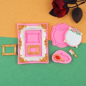 Detail of pink silicone mold with vintage frame and comb shapes for resin or clay DIY