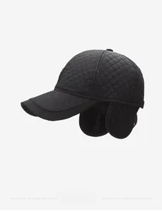 Winter baseball cap for men with quilted pattern and foldable warm earflaps in black