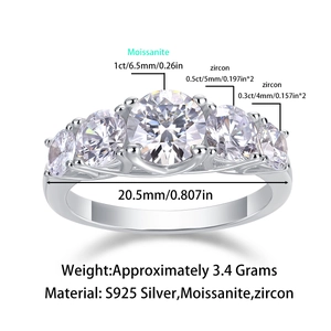S925 sterling silver five-stone moissanite ring with detailed size and weight specs
