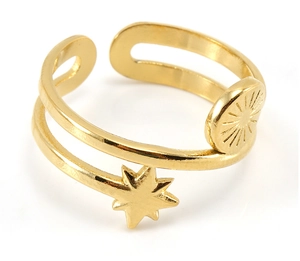 Detail shot of a minimalist 18k gold plated sunburst star open ring on white background
