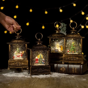 Christmas Snow Globe Lantern Vintage Bronze LED Light Musical Box Ornament Santa Snowman Micro Landscape Holiday Decoration