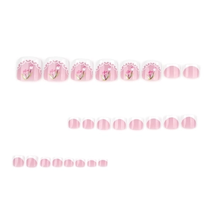 French white press-on toenails with tulip flowers and lace design on a white background