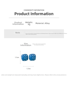 Detailed size and weight specs for square blue polka dot earrings with alloy material
