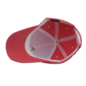 Inside view of red baseball cap showing white sweatband and silver metal buckle adjustment