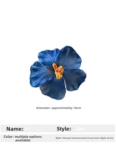 Close-up of a 10cm blue hibiscus fabric hair clip with detailed yellow and red stamens