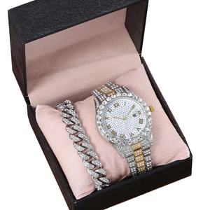 Hip hop silver and gold watch and Cuban bracelet set with crystals in luxury gift box