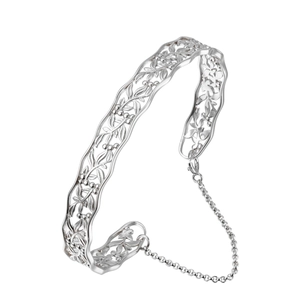 Adjustable 925 sterling silver hollow flower bangle with delicate safety chain for women
