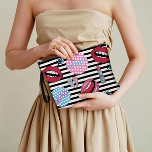 Cosmetic Bag Linen Blend Striped Lip Print Large Capacity Zippered Toiletry Pouch Travel Organizer With Wrist Strap For Women