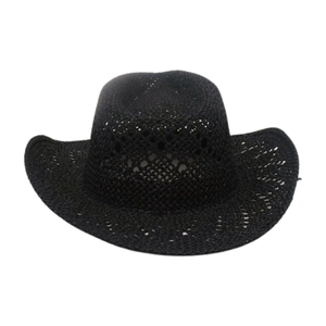 Handwoven black hollow straw cowboy hat with a wide wavy brim and breathable design