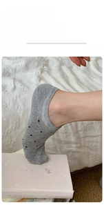 Close-up of grey low cut knit socks with black polka dots on a white knitted texture