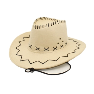 Classic beige western cowboy hat with contrast black stitching and adjustable chin strap