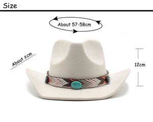 Detailed size chart of ivory faux suede fedora with turquoise bead and western band