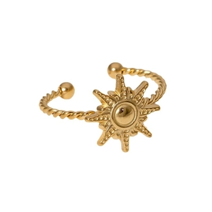 Gold sunburst open ring with twisted rope band texture in polished stainless steel