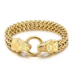 Men's retro gold-tone stainless steel dragon head woven chain bracelet with a double clasp