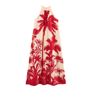 Robe Maxi À Dos Nu Pour Femmes Imprimé Cocotier Sans Manches Ligne A Ample Style Vacances Été Plage Robe Longue
