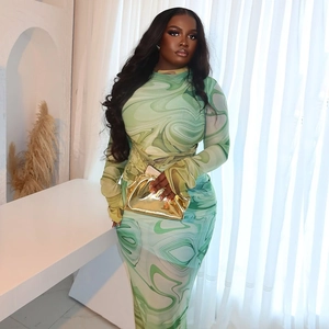 Elegant green marble print long sleeve bodycon maxi dress with a classic crew neck