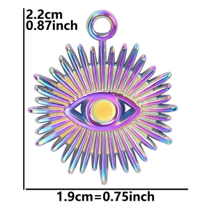Detailed dimensions of a rainbow stainless steel sun eye pendant measuring 2.2cm by 1.9cm