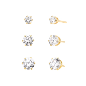 Three pairs of classic round zircon stud earrings in yellow gold with six-prong setting