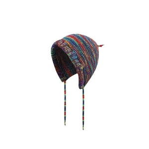 Rainbow striped knit trapper hat with long ties and colorful ear flaps on white background