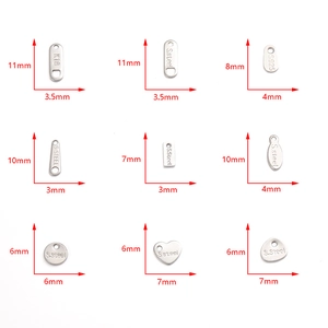 Detailed size guide for S.Steel, K18, and S925 heart and oval jewelry connector tags