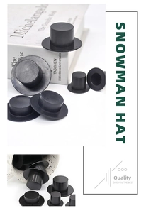 Detailed view of various sizes of black plastic snowman top hats for DIY Christmas crafts