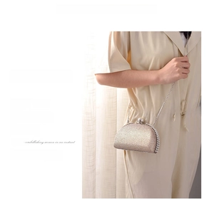 Detail of elegant champagne sequin clutch with pearl trim and silver chain strap