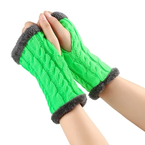 Close-up of green cable knit fingerless gloves with soft grey faux fur trim details