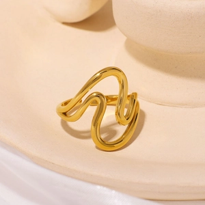 Minimalist gold stainless steel open ring with irregular wave-shaped hollow design