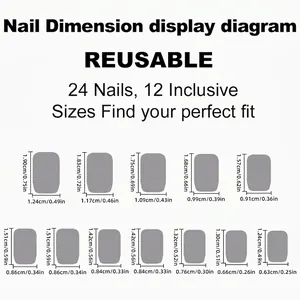 Size chart for 24pcs pink cat-eye press-on nails featuring 12 different dimensions and scales