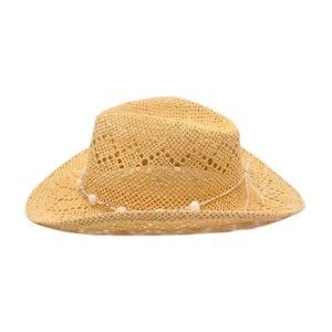 Detail of hollow woven straw cowboy hat with bohemian beaded decorative band