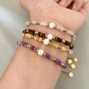 Tiger eye and pearl beaded bracelets set with stainless steel accents for women