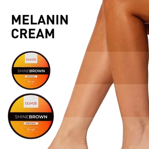Detail of OUHOE ShineBrown Melanin Cream showing gradual tanning effect on legs