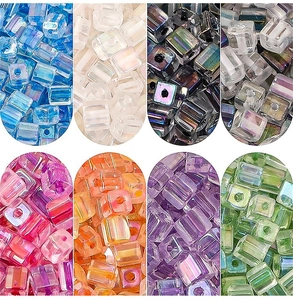 Detailed grid view of 5mm colorful glass cube beads in 8 vibrant colors for DIY jewelry