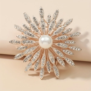Elegant double-layer flower brooch with white pearl center and sparkling rhinestones