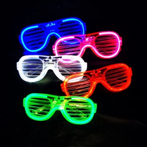Detail of five-color LED shutter glasses showing bright glowing effects on black background
