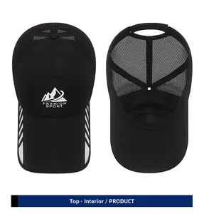 Detailed top and inside views of a black breathable mesh sport cap with reflective trim