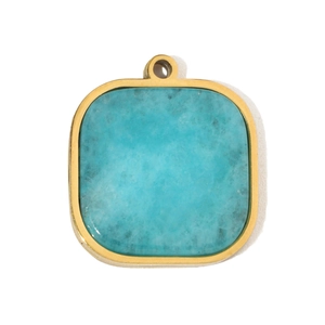 Detailed close-up of a gold stainless steel square pendant with turquoise stone inlay