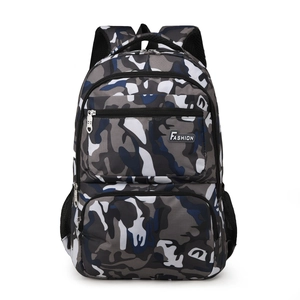 Front view of a camouflage travel backpack with multi-layer zippers on white background